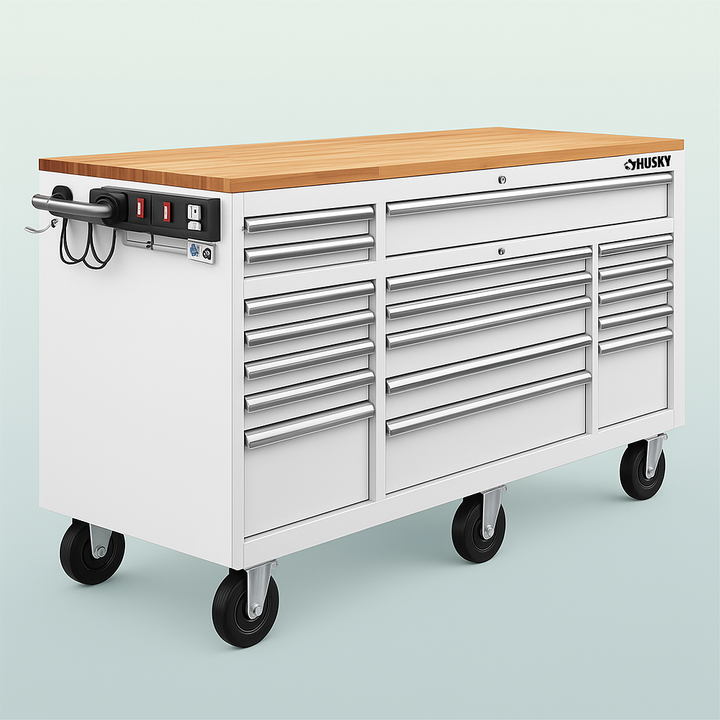 Husky 72 in. 18-Drawer Mobile Workbench with Solid Wood Top, Gloss White