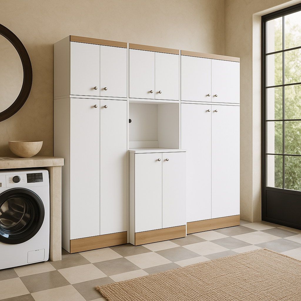 Inval Kitchen Storage Utility Cabinet in White and Vienes Oak, 3-Piece