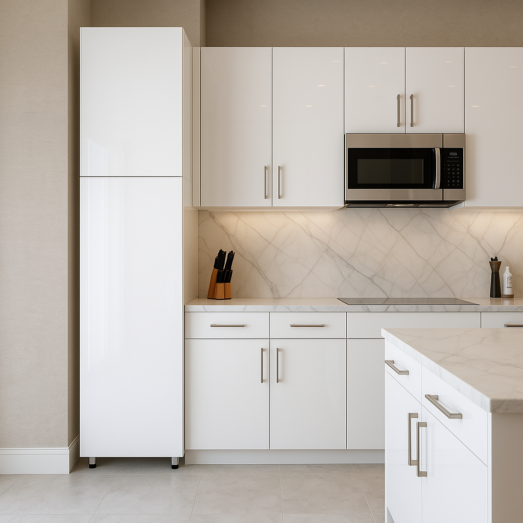 Cambridge Radiance White Gloss Slab Pantry Kitchen Cabinet, Ready to Assemble