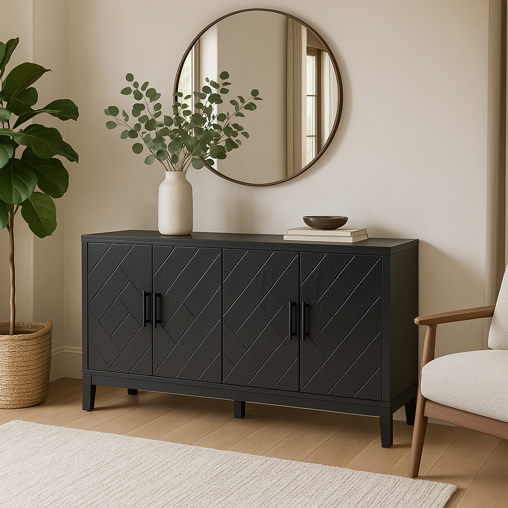 Runesay Black Retro Kitchen Cabinet Sideboard - 60 in. W x 16 in. D x 33 in. H