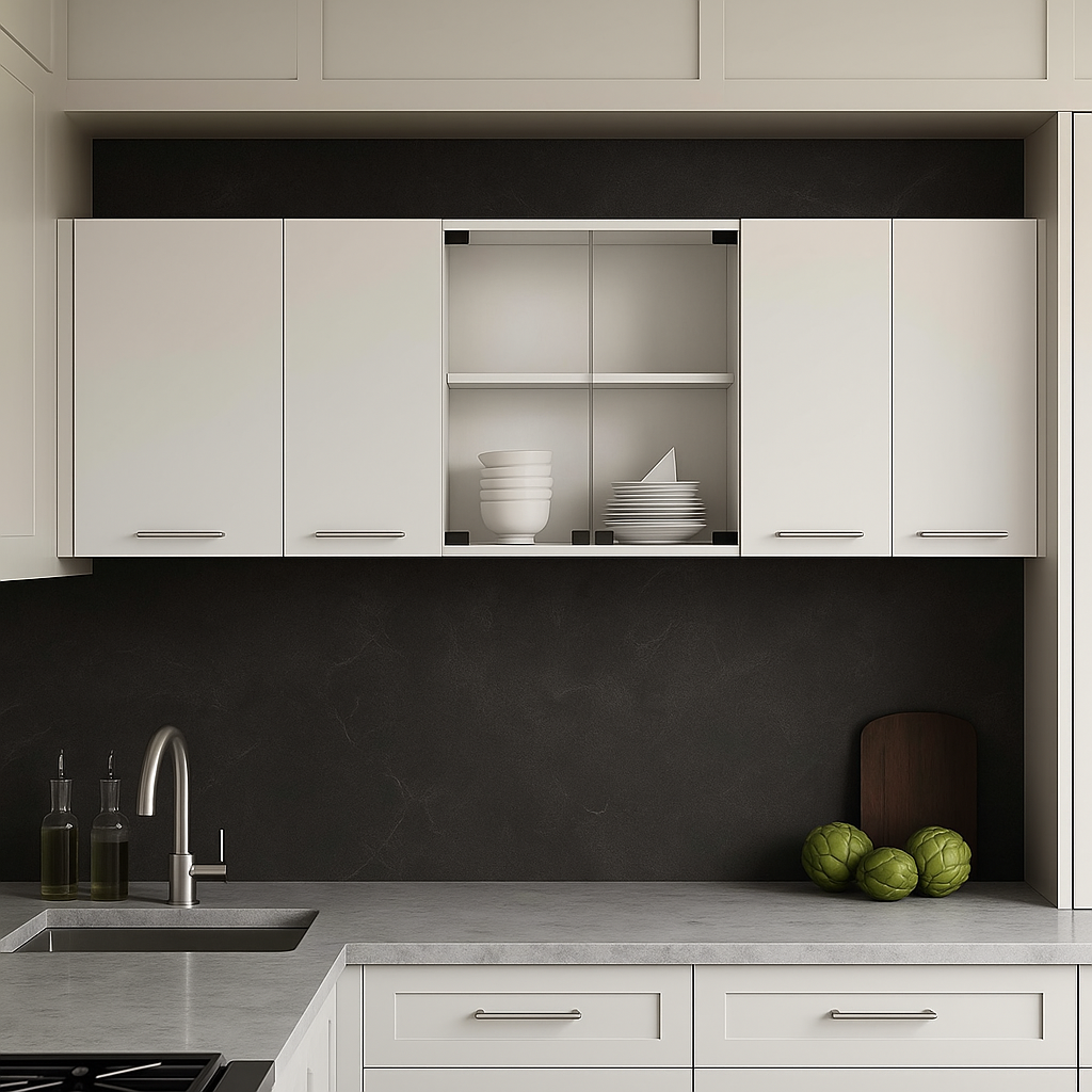 Unbranded White Plywood Kitchen Cabinet with Glass Center - 59-in W x 12.4-in D x 24-in H