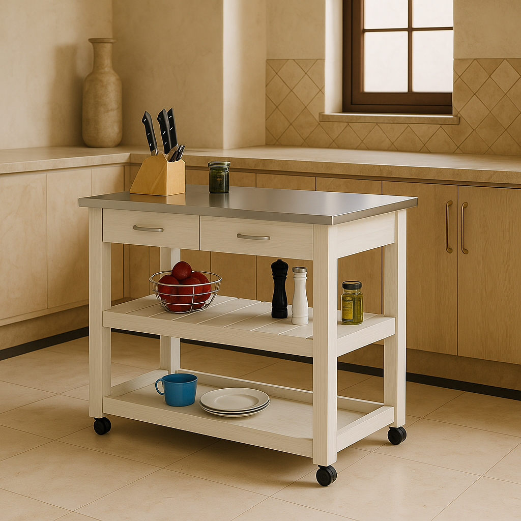 Inval Kitchen Utility Cart with Stainless Steel Top - White
