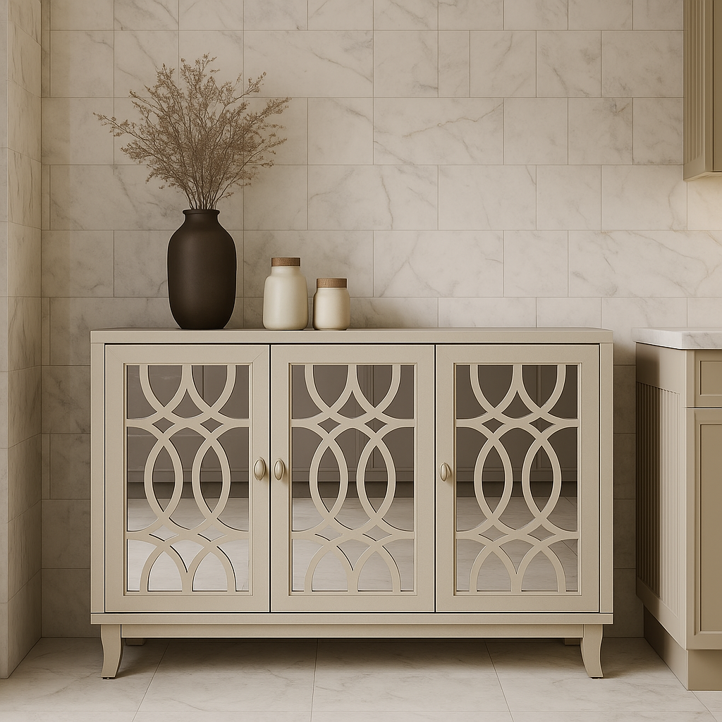 Unbranded Champagne MDF Floor Kitchen Cabinet with Glass Doors - 47.2 in. W x 15.6 in. D x 33.9 in. H