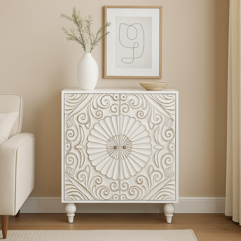 Puluomis Vintage Sideboard Storage Cabinet, White, MDF, 31.5" x 13.8" x 36"
