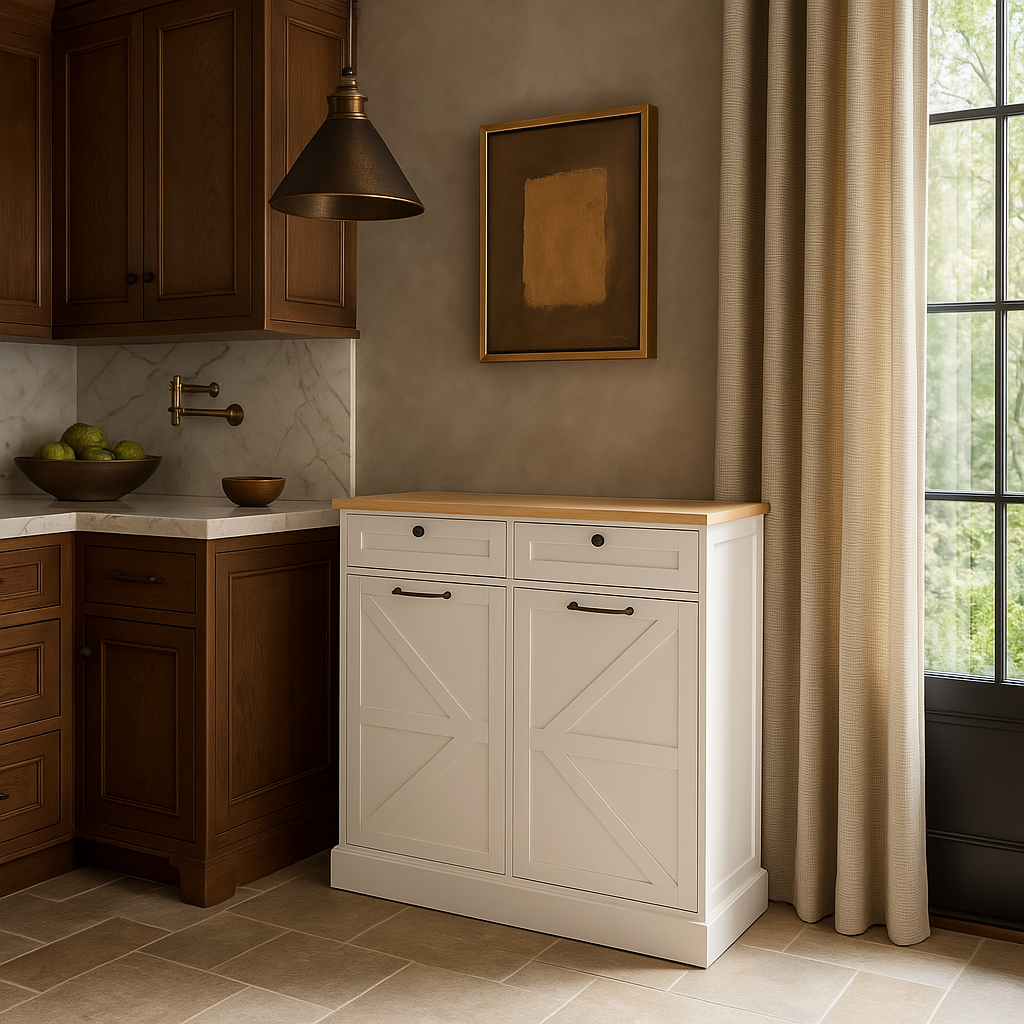 LORDEAR MDF Pantry Cabinet with Drawers and Tilt-Out Trash Bin in White