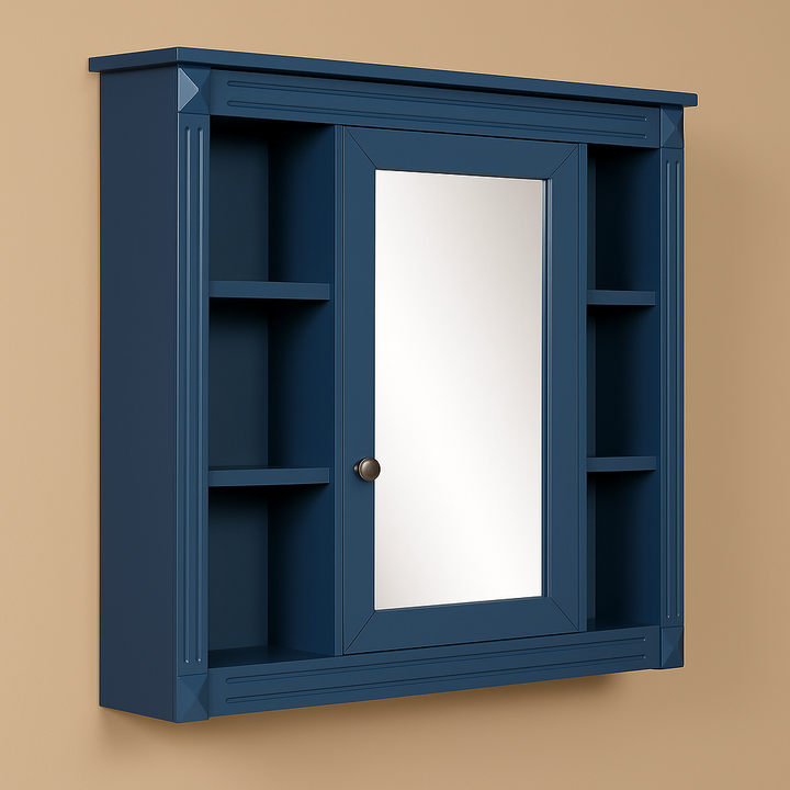 FUNKOL Blue Wall Mounted Bathroom Cabinet with Mirror and Storage Dividers