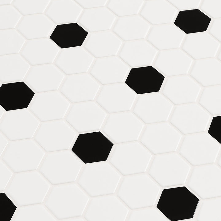 Festival White and Black Hexagon Polished Porcelain Mosaic Tile - 11 x 12