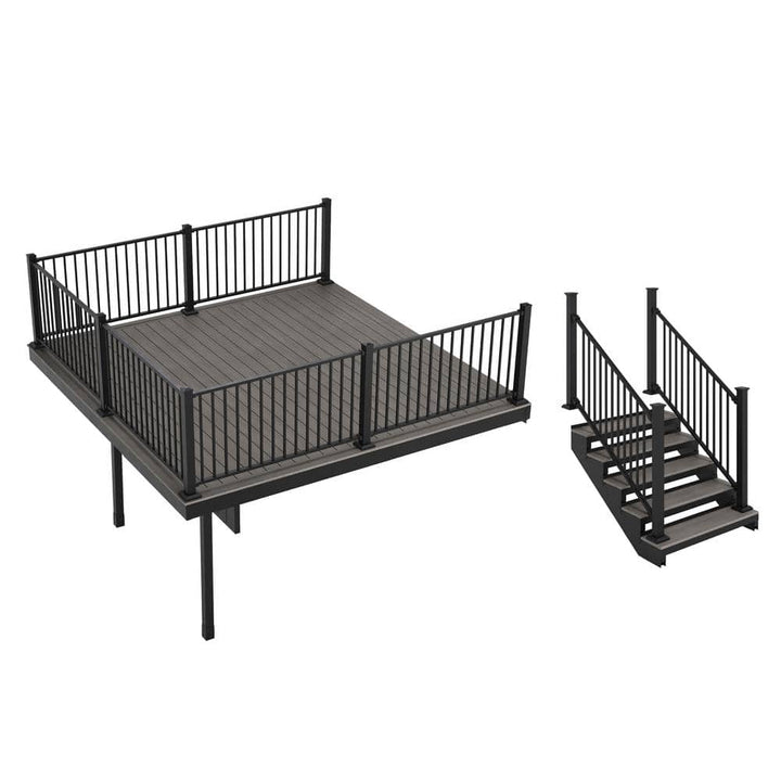 FORTRESS Apex Attached 12 ft x 12 ft Alaskan Driftwood PVC Deck Kit and 5-Step Stair Kit with Steel Framing and Aluminum Railing