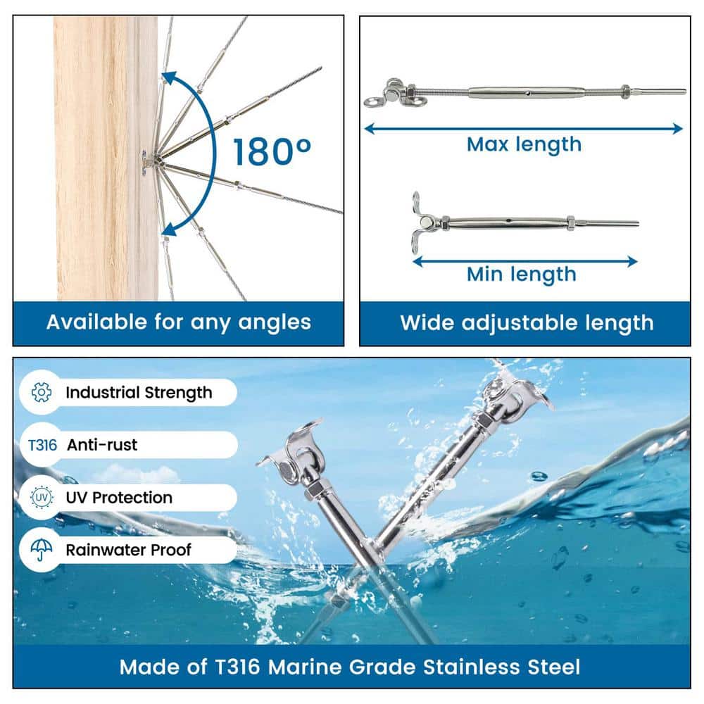 Angel Sar 6 Pairs 180° Adjustable Stainless Steel Cable Railing Kit, 1/8 in. Swage Toggle Turnbuckle Hardware