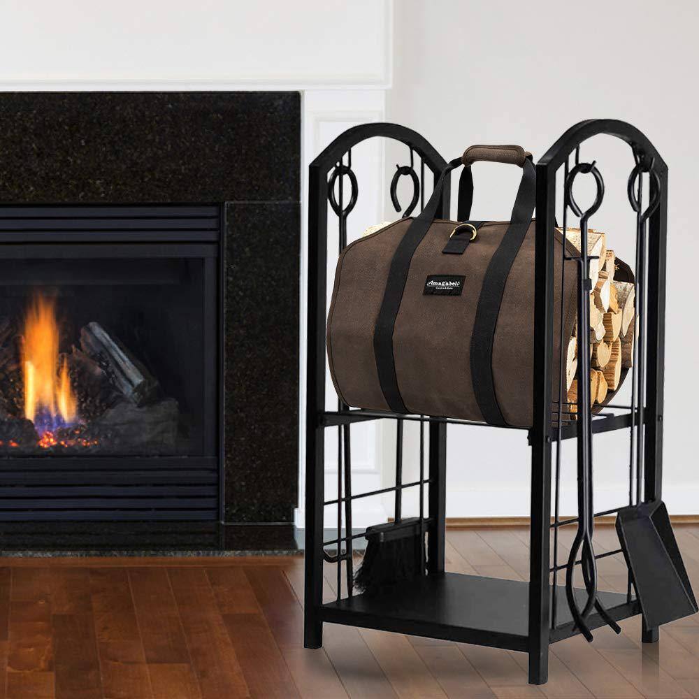 Angel Sar Dark Brown Waxed Canvas Firewood Carrier Bag - Large Log Tote for Indoor/Outdoor Use