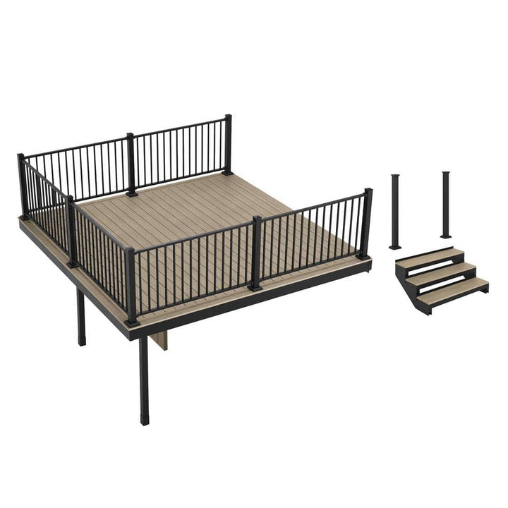 FORTRESS Apex Attached 12 ft. x 12 ft. Artic Birch PVC Deck Kit and 3-Step Stair Kit with Steel Framing and Aluminum Railing