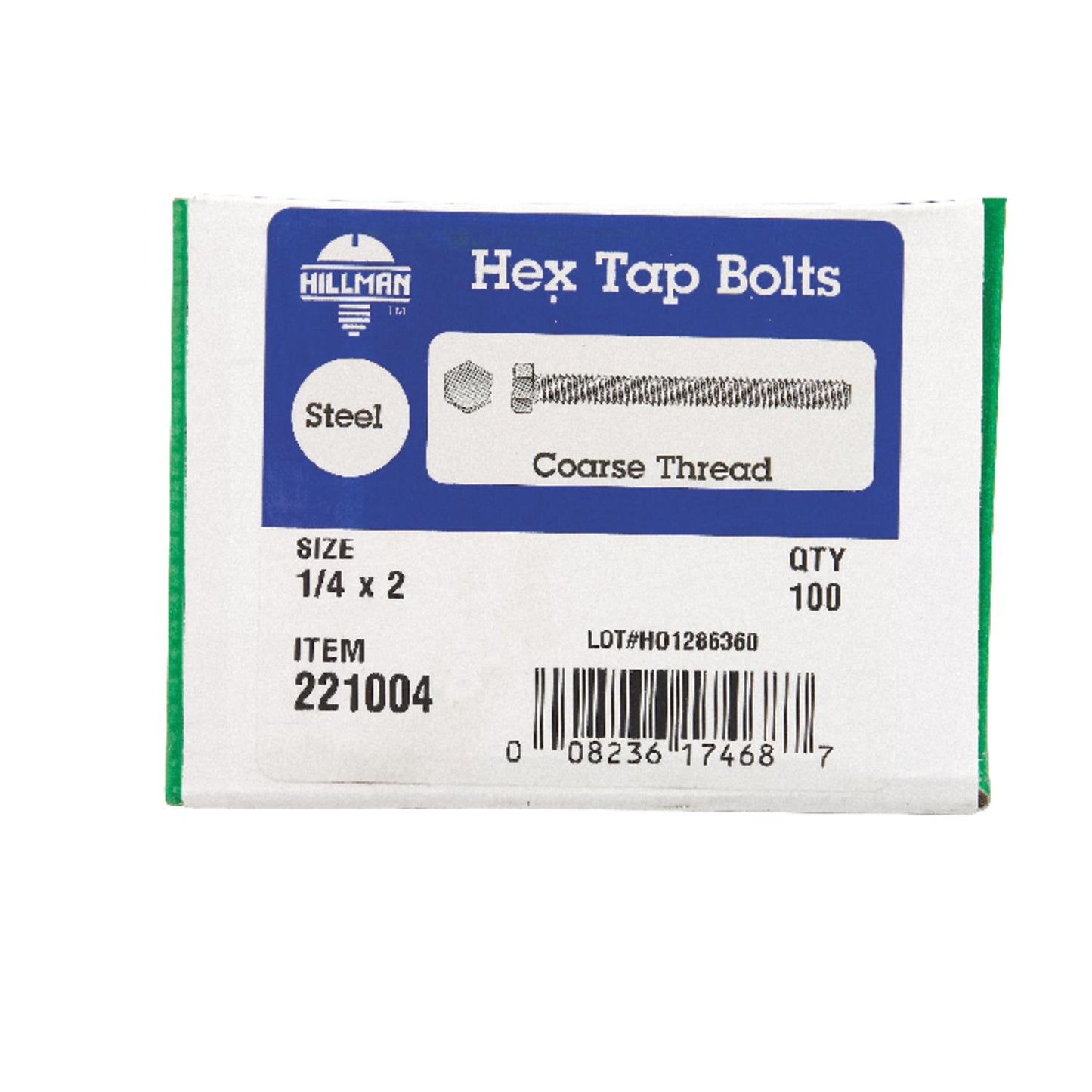 Hillman 1/4 in. Diameter x 2 in. Length Zinc-Plated Steel Hex Tap Bolt, 100-Pack