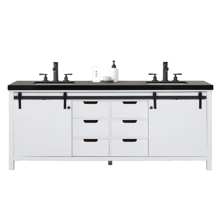 Eviva Dallas 84 in. W x 22 in. D x 34 in. H Double Bath Vanity in White with Black Granite Top with Black Sinks