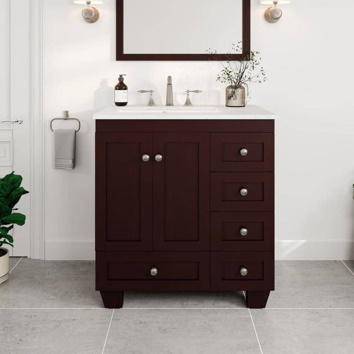 Eviva Acclaim 30 in. W x 22 in. D x 34 in. H Bath Vanity in Teak with White Carrara Quartz Top with White Sink