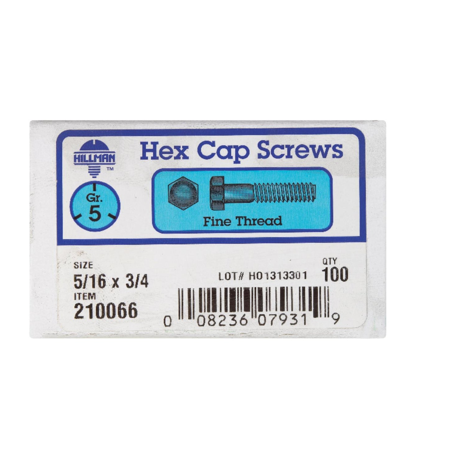 Hillman 5/16 in. Diameter x 3/4 in. Length Grade 5 Heat-Treated Zinc Steel Hex Head Cap Screw, Fine Thread, 100-Pack