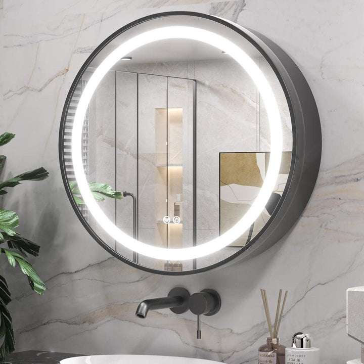 KeonJinn 24 in. W x 24 in. H Round Black Metal Framed Surface Mount Medicine Cabinet with Mirror LED Lighted 3 Colors Dimmable