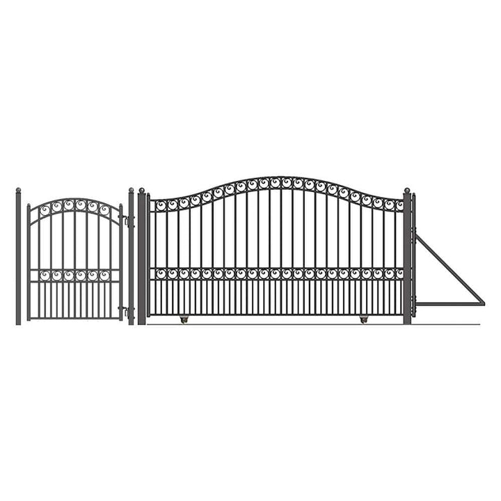 ALEKO 23 ft. x 6 ft. x 18 ft. Black Steel Single Sliding Driveway Gate Paris Style with Pedestrian Gate 5 ft. Fence Gate