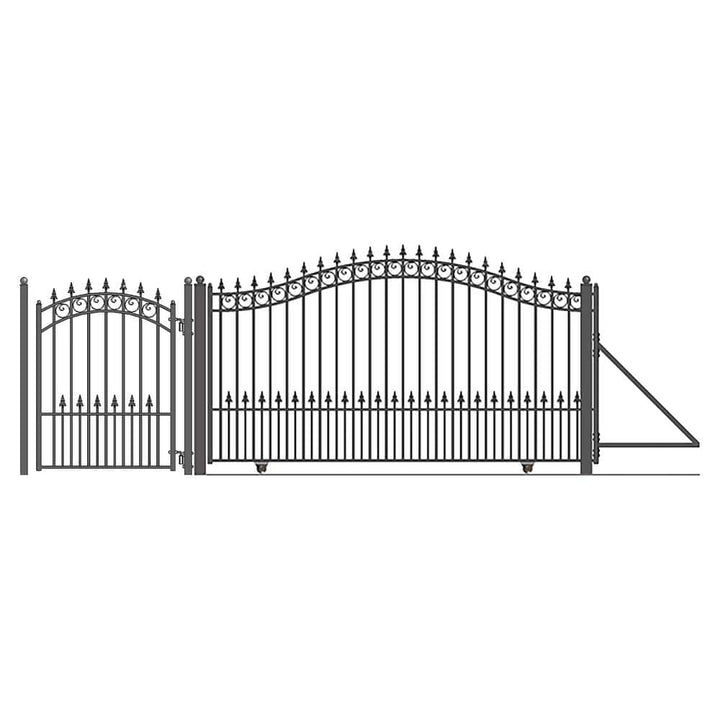 ALEKO 23 ft. x 6 ft. x 18 ft. Black Steel Single Sliding Driveway Gate Prague Style with Pedestrian Gate 5 ft. Fence Gate