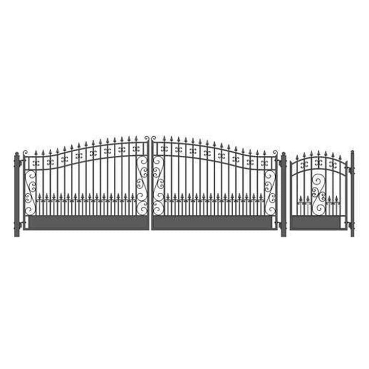 ALEKO 23 ft. x 6 ft. Black Steel Dual Swing Driveway Gate VENICE Style 18 ft. with Pedestrian Gate 5 ft. Fence Gate