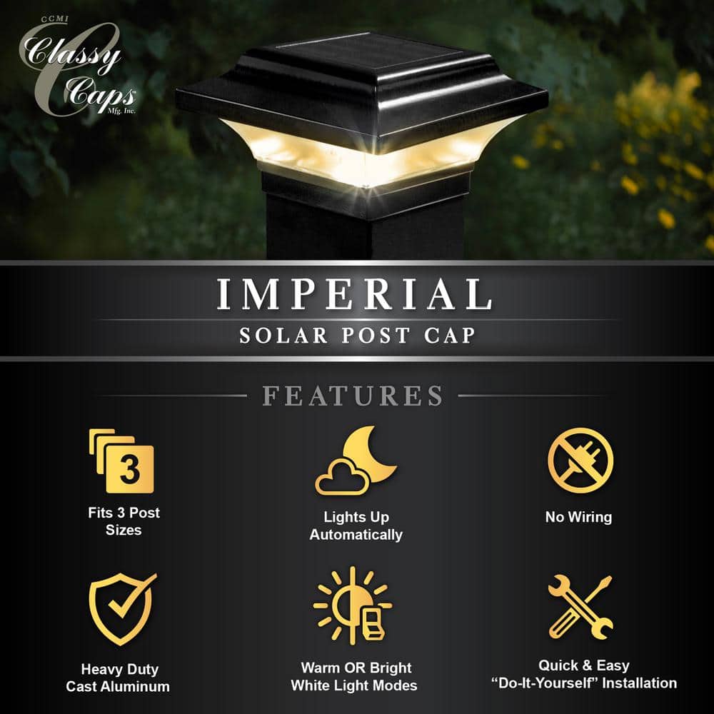CLASSY CAPS Imperial 2.5 in. x 2.5 in. Outdoor Black Cast Aluminum LED Solar Post Cap (2-Pack)