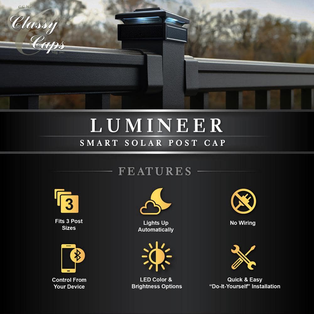 CLASSY CAPS Lumineer 4 in. x 4 in. Black Cast Aluminum Smart Solar Post Cap