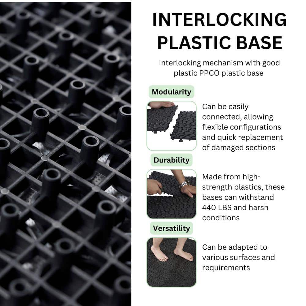LIVIZA 1 ft. x 1 ft. Anti-Slip Plastic Deck Tile in Black (24-Piece), Pebble Stone Pattern