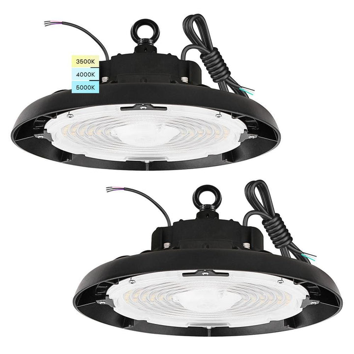 LUXRITE 100/120/150W UFO High Bay LED Black Shop Lights, Up to 22500 Lumens, 3CCT, IP65, 120-277V, UL Listed 2-Pack