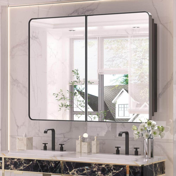 KeonJinn 40 in. W x 32 in. H Rectangular Black Stainless Steels Framed Recessed/Surface Mount Medicine Cabinet with Mirror