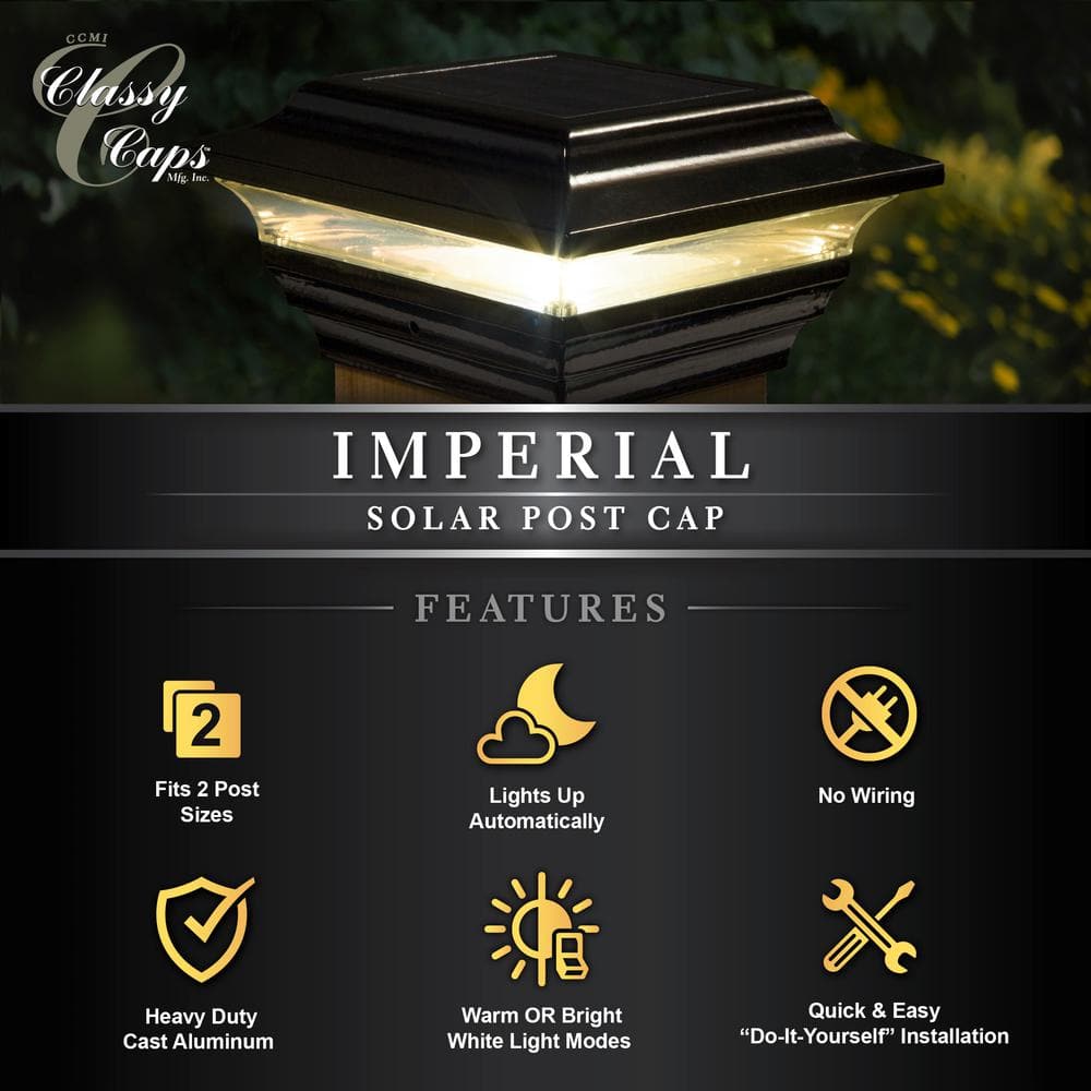 CLASSY CAPS Imperial 4 in. x 4 in. Outdoor Black Cast Aluminum LED Solar Post Cap (2-Pack)