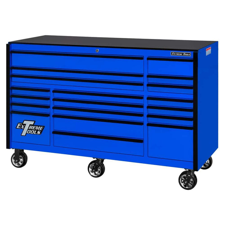 Extreme Tools RX Professional 72 in. W x 25 in. D 19-Drawer Blue Rolling Tool Cabinet with 150 lbs. Slides and Black Drawer Pulls
