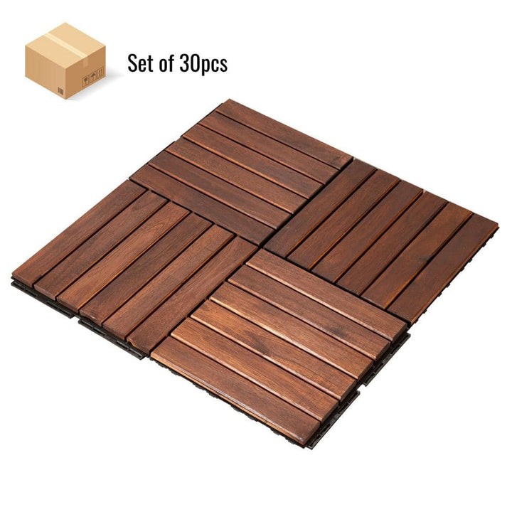 GOGEXX 12 in. x 12 in. Brown Striped Pattern Acacia Wood Interlocking Flooring Deck Tiles Square Outdoor Patio Pack of 30 Tiles