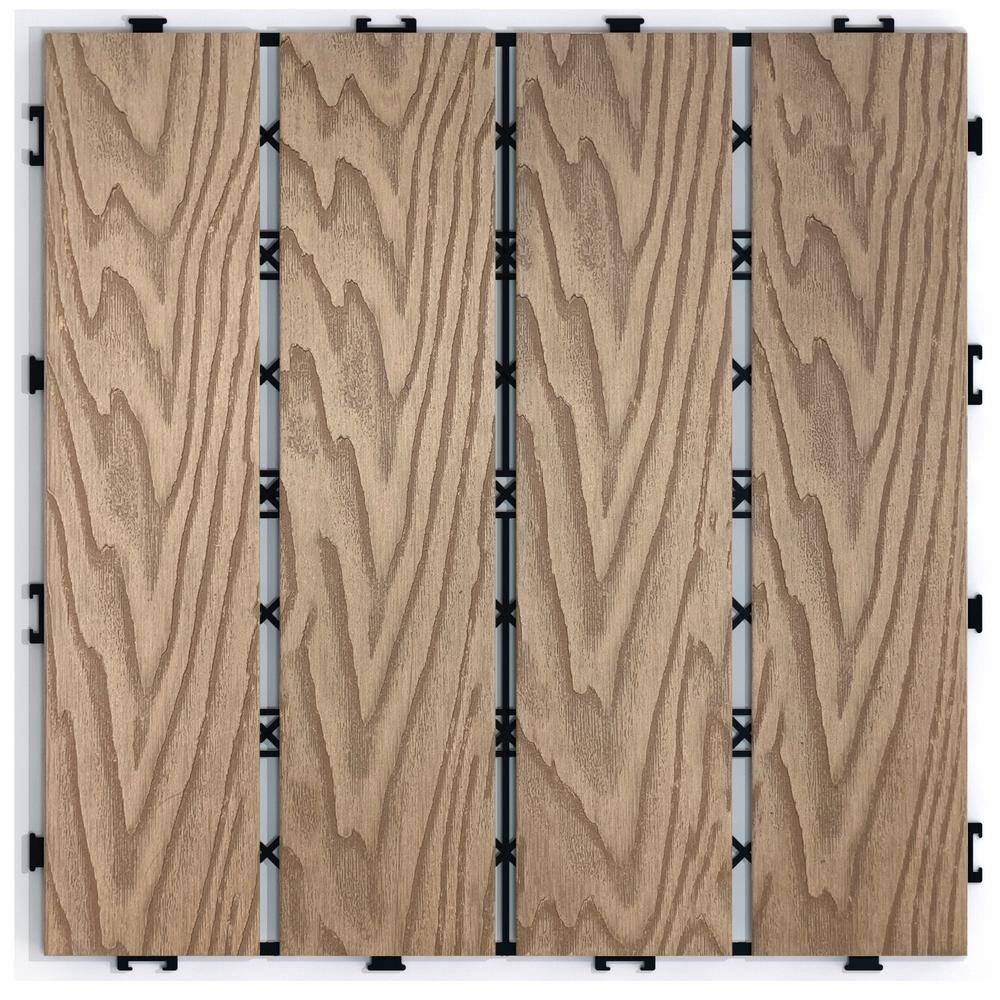 GOGEXX 11.8 in. W x 11.8 in. L Outdoor Striped Pattern WPC Composite Interlocking Flooring Deck Tiles (Set of 11) in Brown