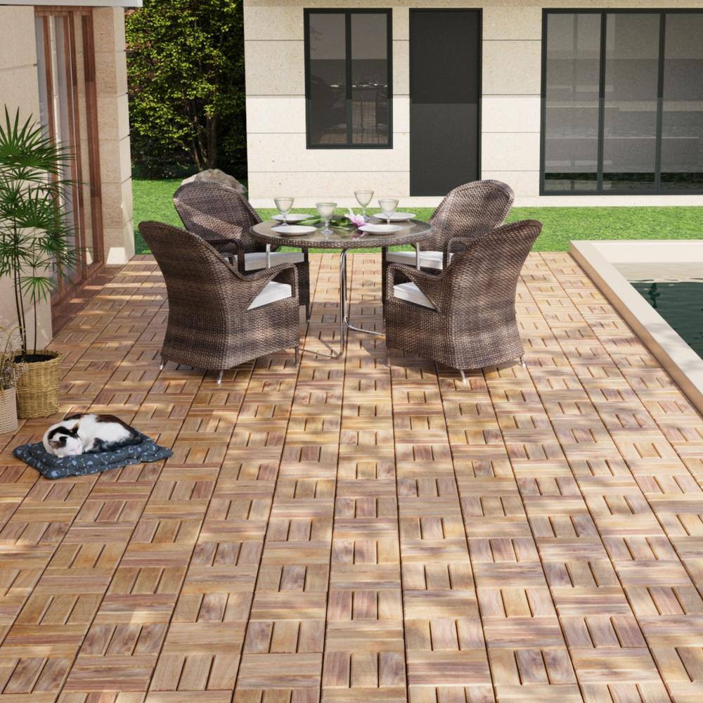 GOGEXX 12 in. x 12 in. Square Acacia Wood Interlocking Flooring Deck Tiles Checker Pattern For Patio Brown(Pack of 20 Tiles)