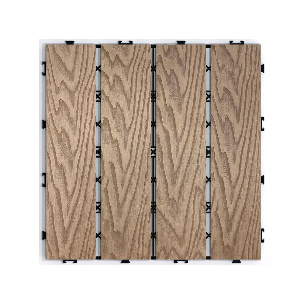 GOGEXX 11.8 in. W x 11.8 in. L Outdoor Striped Pattern WPC Composite Interlocking Flooring Deck Tiles (Set of 22) in Brown