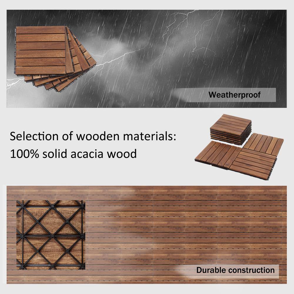 12 in. x 12 in. Striped Pattern Outdoor Acacia Wood Interlocking Deck Tiles in Brown (10-Pieces)