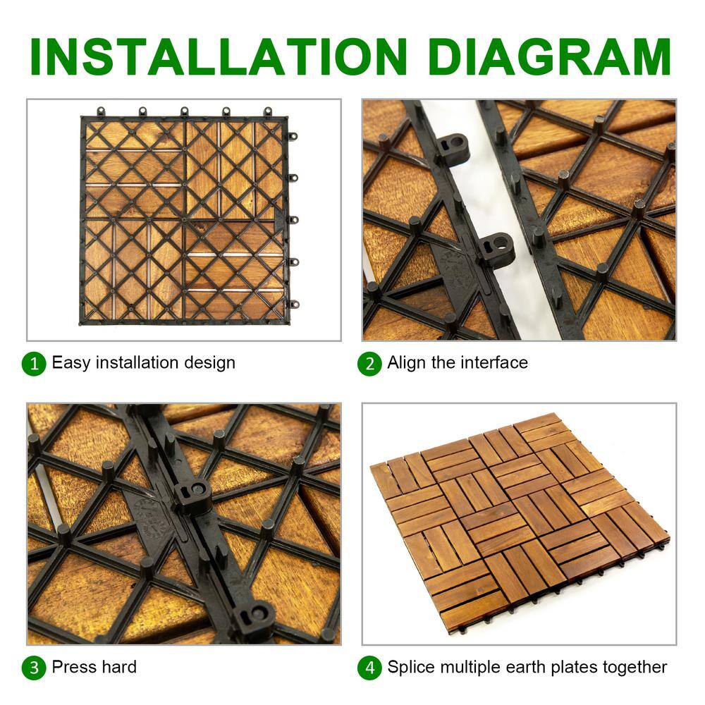 12 in. x 12 in. Acacia Wood Interlocking Flooring Deck Tile Checker Pattern in Brown 12-Slats (20-Pack)