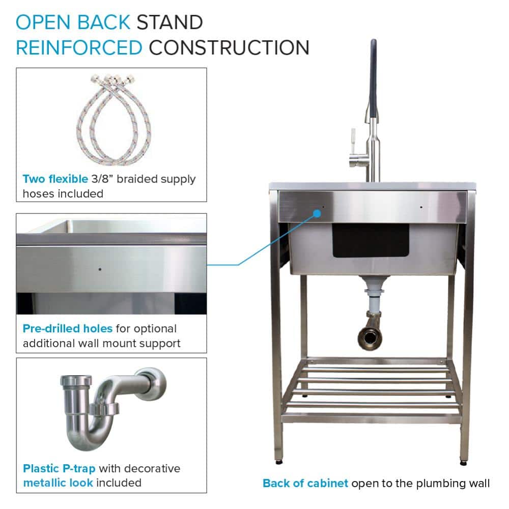 Transolid 25 in. x 22 in. Brushed Satin Stainless Steel Utility Sink with Wash Stand
