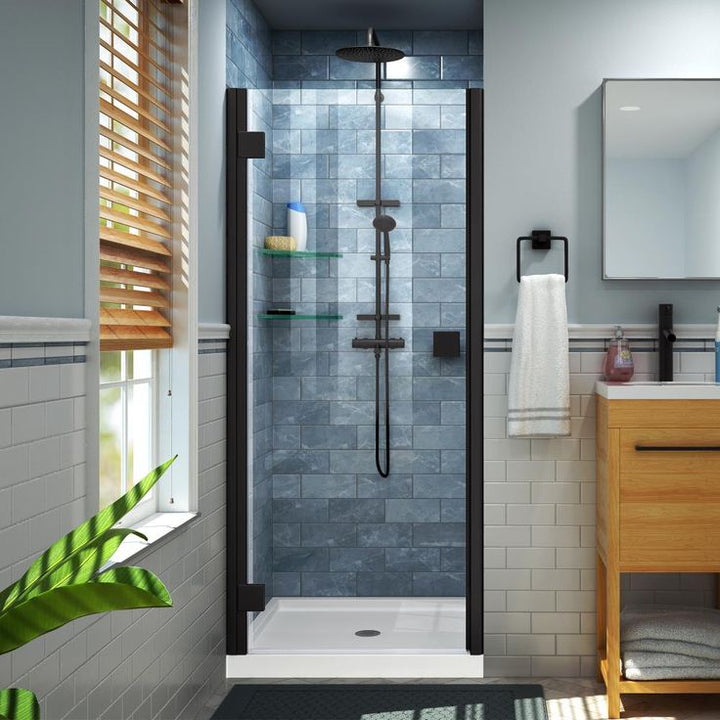 DreamLine Lumen 72-in H x 34-35-in W Semi-Frameless Hinged Shower Door, Brushed Nickel, Clear Glass