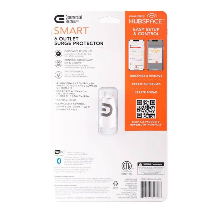 Commercial Electric 6-Outlet Smart Surge Protector with 4 USB Ports, White, Powered by Hubspace