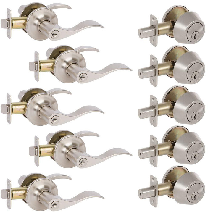 5-Bennett Satin Nickel Entry Door Levers and 5-Satin Nickel Single Cylinder Deadbolt All Keyed Alike - Super Arbor