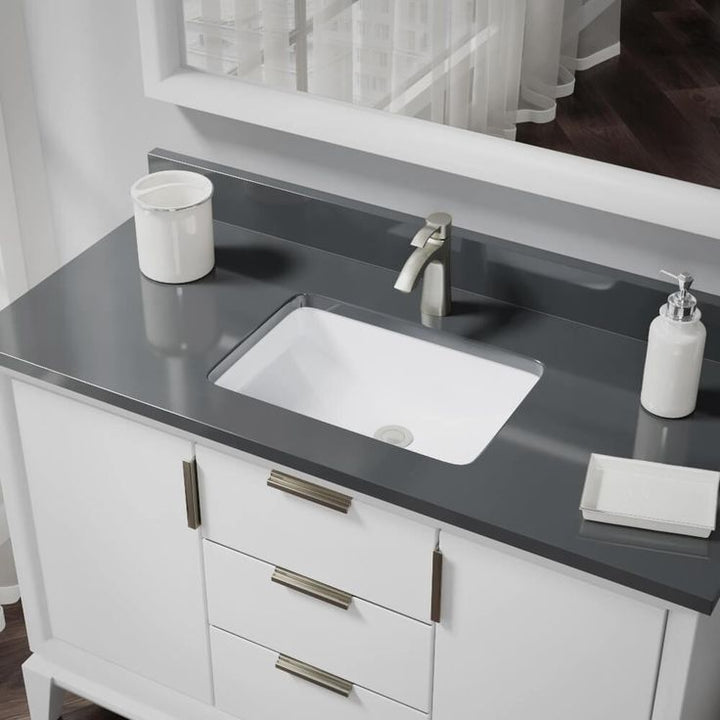 Rene Undermount Porcelain Bathroom Sink in White with Pop-Up Drain in Brushed Nickel