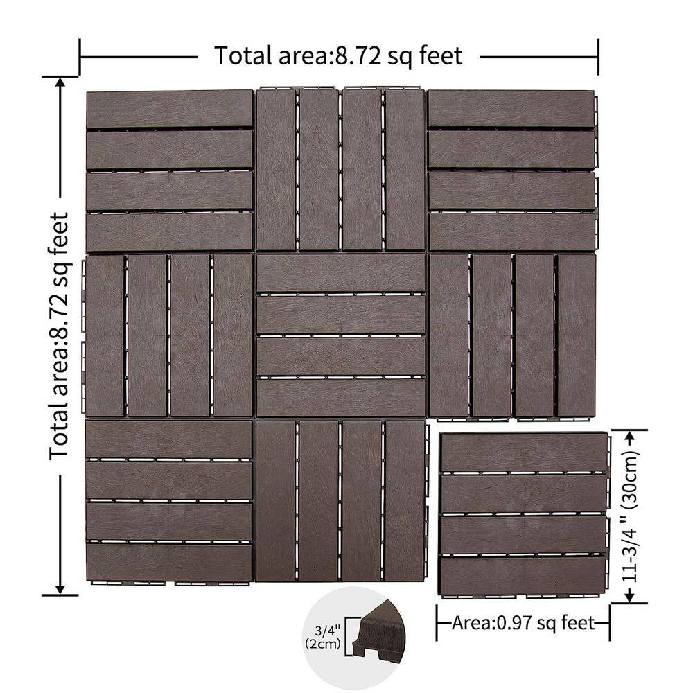 12 in. x 12 in. Square Plastic Deck Tile in Dark Brown, Waterproof, All Weather Use (27 Per Case)