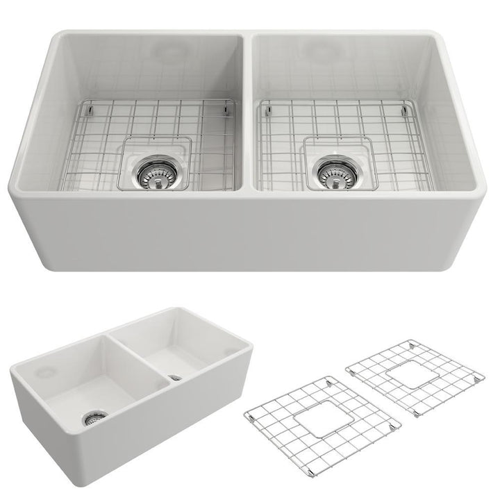 Classico Farmhouse Apron Front Fireclay 33 in. Double Bowl Kitchen Sink with Bottom Grid and Strainer in White - Super Arbor