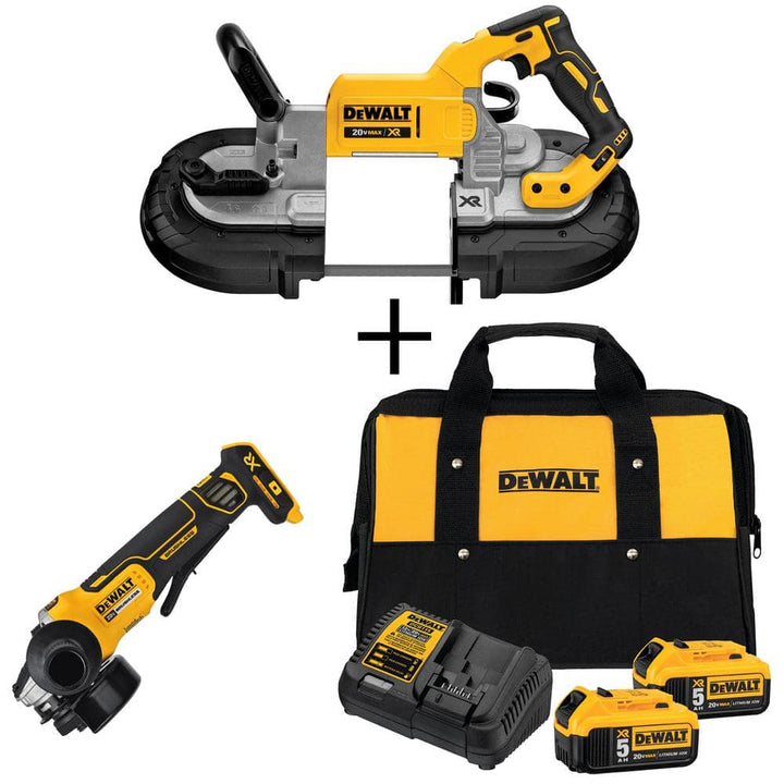 DEWALT 20V MAX XR Cordless Brushless Deep Cut Band Saw with 4-1/2 in. Grinder, (2) 5.0Ah Batteries, Charger & Bag