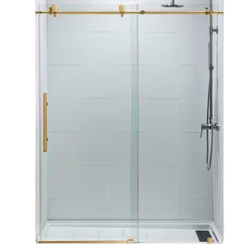 WOODBRIDGE 60 in. W x 76 in. H Sliding Frameless Shower Door with Soft-Close System, 3/8 in. Clear Tempered Glass, Gold Finish