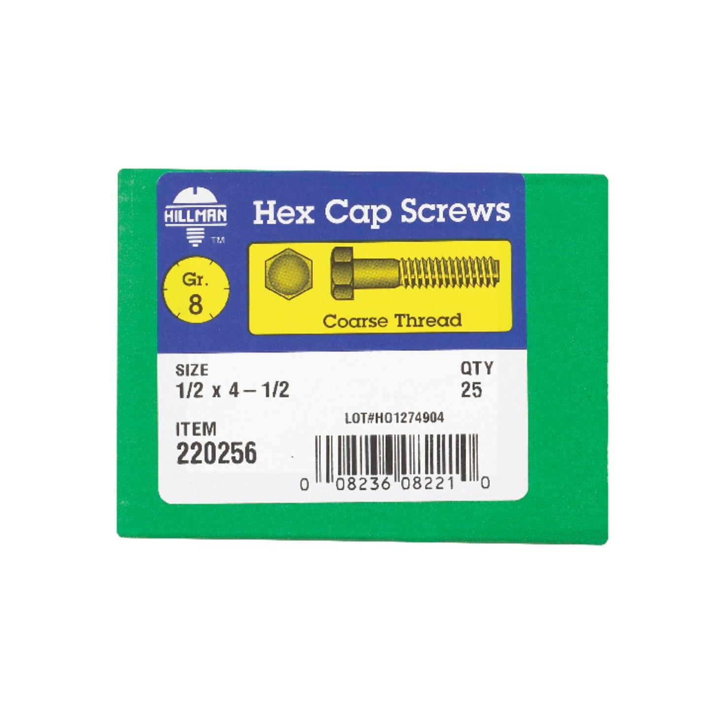 Hillman 1/2 in. Diameter x 4-1/2 in. Length Heat-Treated Steel Hex Head Cap Screws, Coarse Thread, Grade 8, 25-Pack
