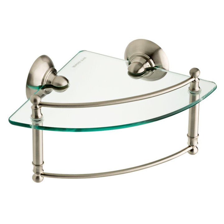 8 in. W Glass Corner Shelf with Hand Towel Bar in Brushed Nickel - Super Arbor