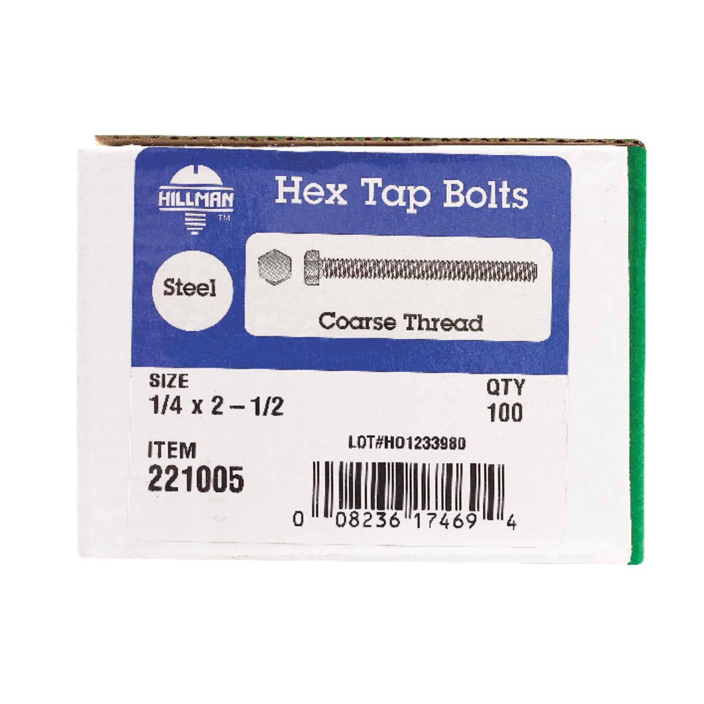 Hillman 1/4 in. Diameter x 2-1/2 in. Length Zinc-Plated Steel Hex Tap Bolts, 100-Pack