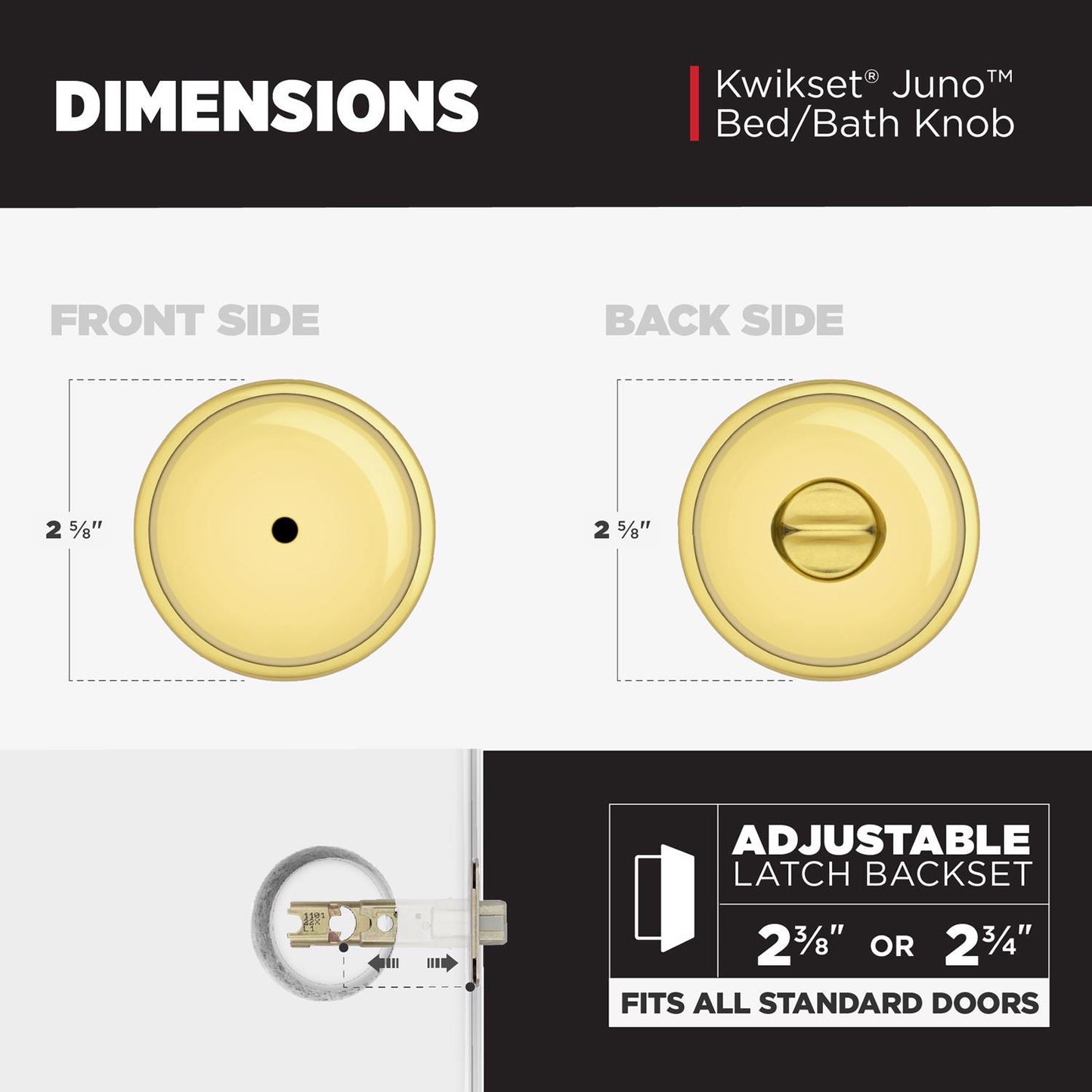 Kwikset Juno Polished Brass Privacy Lockset, ANSI/BHMA Grade 2, 1.75 in Door Thickness