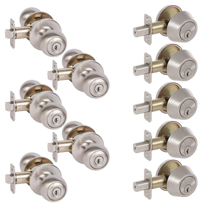 5-Fairfield Satin Nickel Round Entry Door Locks and 5-Satin Nickel Single Cylinder Deadbolts All Keyed Alike - Super Arbor